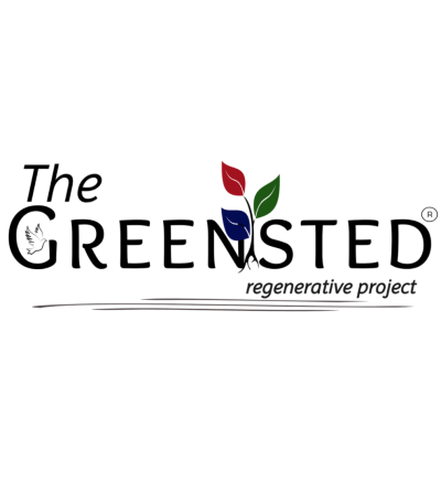 Logo that says "The Greensted regenerative project" in text with a white background. The text is black and there is a plant growing in between the letters "N" and "S". There is also a dove flying inside the letter "G".