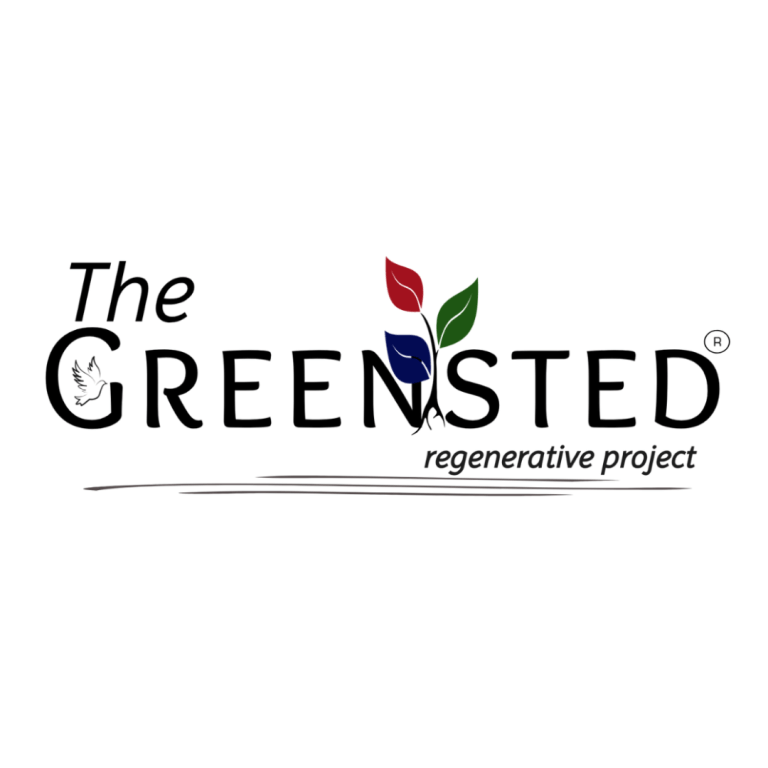 Logo that says "The Greensted regenerative project" in text with a white background. The text is black and there is a plant growing in between the letters "N" and "S". There is also a dove flying inside the letter "G".