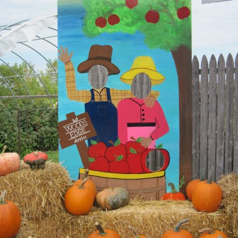 Farmer photo cutouts with pumpkins and hay bales