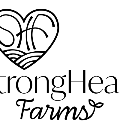 A logo that says "StrongHeart Farms" with the outline of a heart that has the letters "SHF" in it