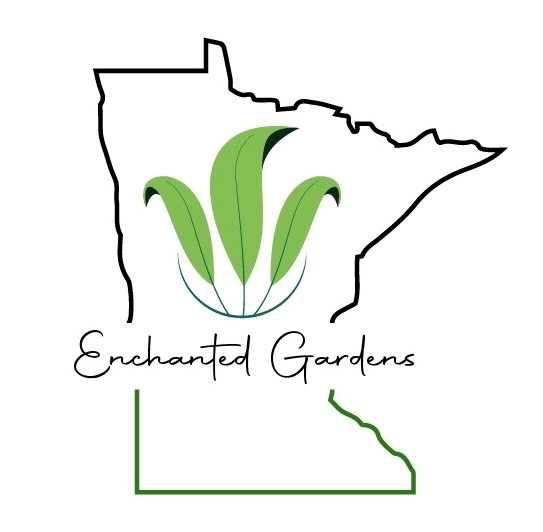 Enchanted Gardens Logo - Outline of Minnesota with the green leaves in the center and the words "Enchanged Gardens" in script below