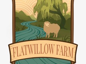 Flatwillow Farm Logo - image of a sheep standing under a willow tree next to a winding stream