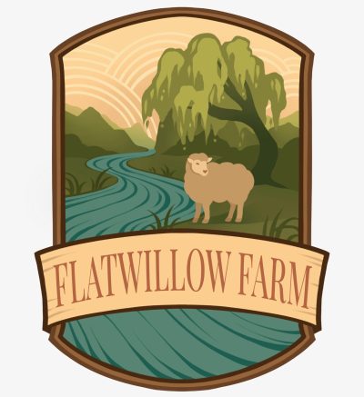 Flatwillow Farm Logo - image of a sheep standing under a willow tree next to a winding stream
