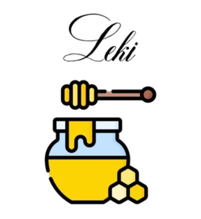 Leki's honey logo - graphic of honeypot honeycomb and spoon
