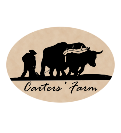 Logo - black text reads "Carter's Farm" below a silhouette graphic of a person behind two oxen pulling a plow