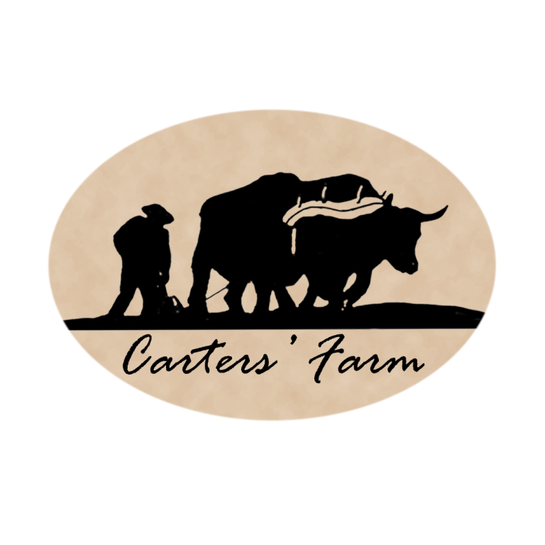 Logo - black text reads "Carter's Farm" below a silhouette graphic of a person behind two oxen pulling a plow