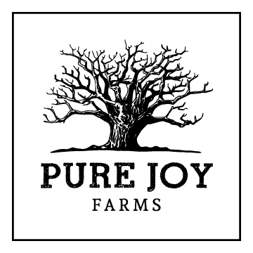 Pure Joy Farms logo featuring a black and white drawing of a barren tree and the words "Pure Joy Farms" below it.