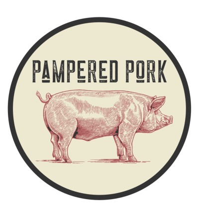 Pampered Pork Logo with a sketch of a pink pig