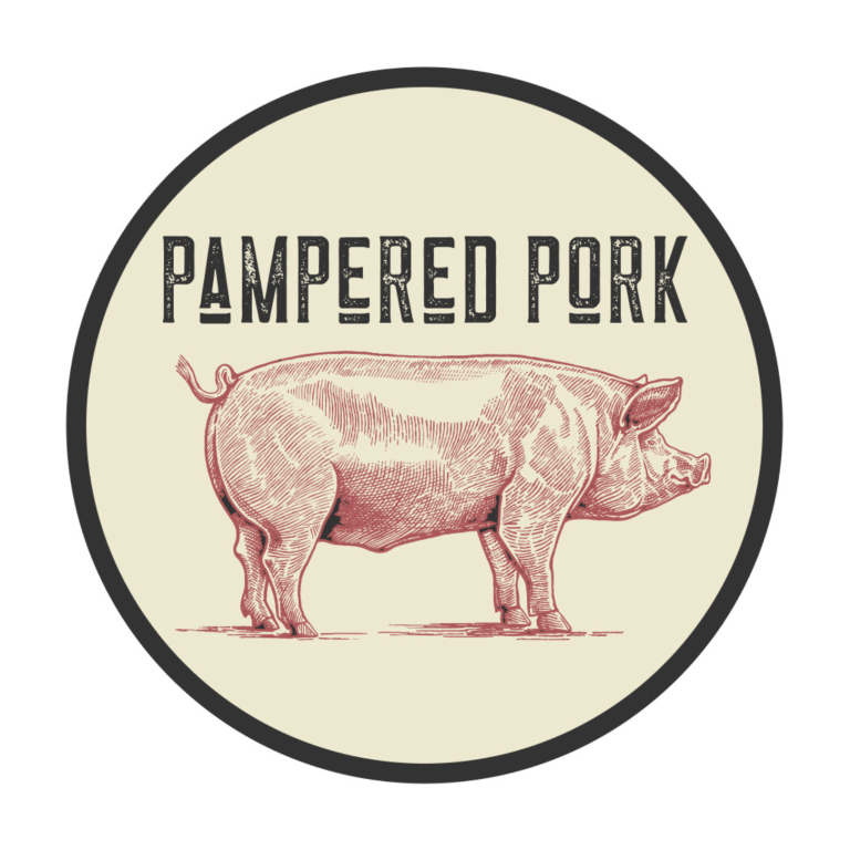 Pampered Pork Logo with a sketch of a pink pig