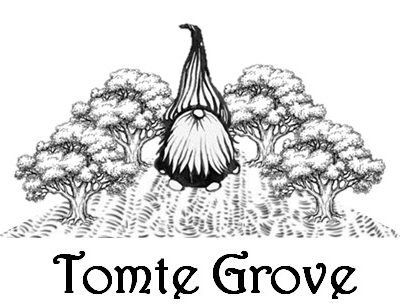 Logo for Tomte Grove with a picture of a gnome (tomte) with a large beard and pointed hat.
