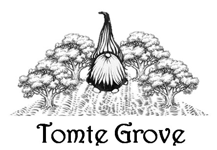 Logo for Tomte Grove with a picture of a gnome (tomte) with a large beard and pointed hat.