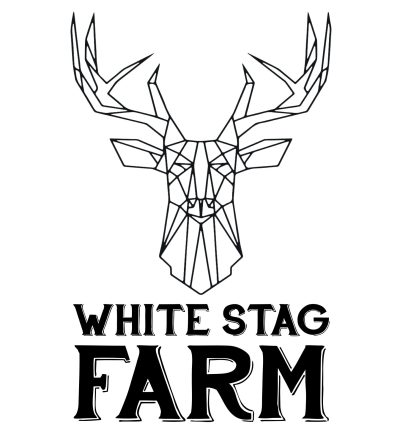 A logo with geometric line art of the head of a buck with large antlers. Below the deer is the words "White Stag Farm".