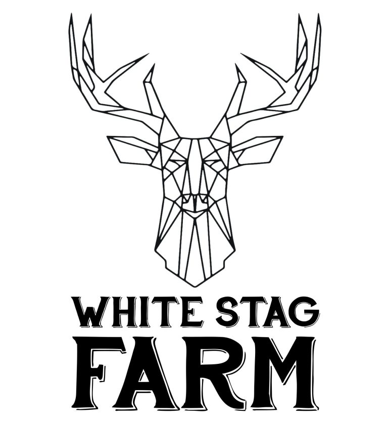 A logo with geometric line art of the head of a buck with large antlers. Below the deer is the words "White Stag Farm".