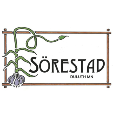 Image of the Sorestad logo that features the words "Sorestad Duluth, MN" and a graphic of a wood frame with a garlic bulb with a long green stem that wraps around parts of the wood frame.