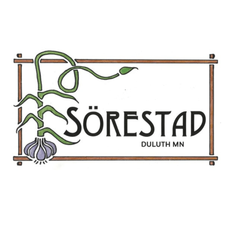 Image of the Sorestad logo that features the words "Sorestad Duluth, MN" and a graphic of a wood frame with a garlic bulb with a long green stem that wraps around parts of the wood frame.