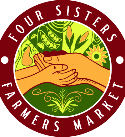 Picture of the Four Sisters Farmers Market logo, featuring the text "Four Sisters Farmers Market" and a graphic of two pairs of hands holding soil with corn, flowers, beans, and squash in the background.