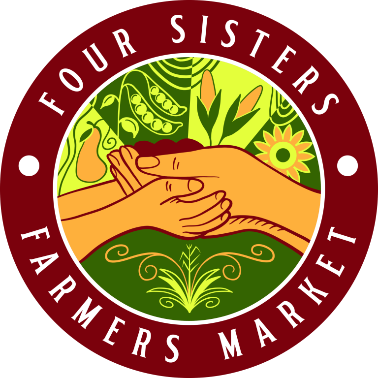 Picture of the Four Sisters Farmers Market logo, featuring the text "Four Sisters Farmers Market" and a graphic of two pairs of hands holding soil with corn, flowers, beans, and squash in the background.
