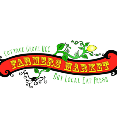 Logo with the words "Cottage Grove UCC" in green font beside a drawing of a green plant. The green plant is growing out of a red block that has the words "Farmers Market" in yellow-red font. Below the red block are the words "Buy Local Eat Fresh" in green font beside another drawing of the roots of the plant growing.