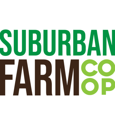 Suburban Farm Co-op logo that has their name in dark green, light green, and brown text.