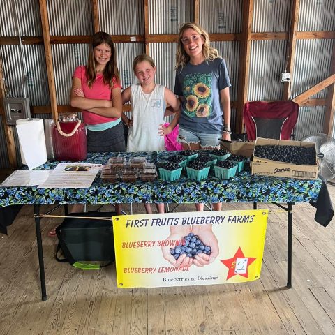 Two young girls and one young woman standing at a table filled with blueberries. A First Fruits Blueberry Farm sign hangs in front.