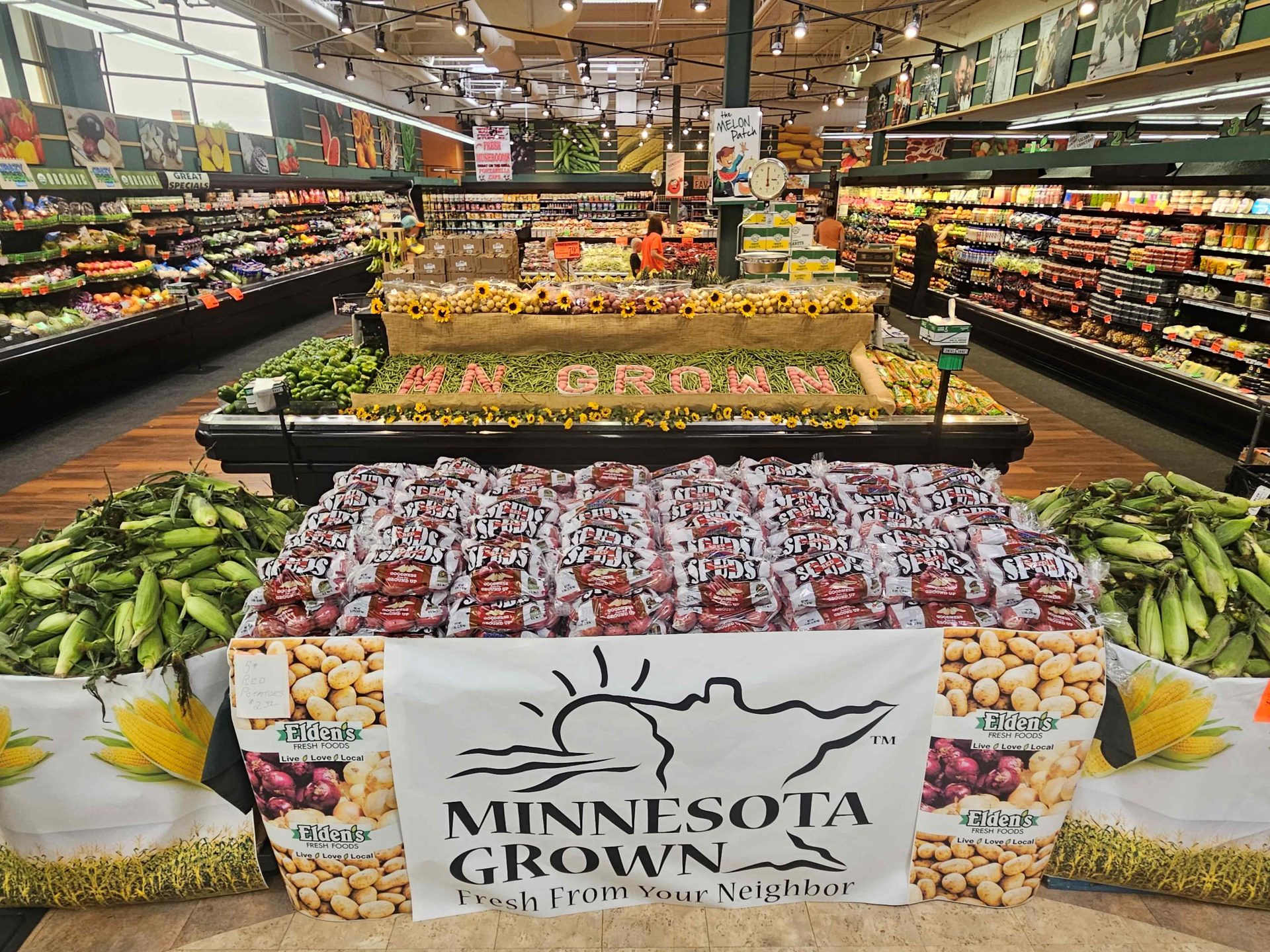 A grocery store produce display at Elden's Fresh Foods.