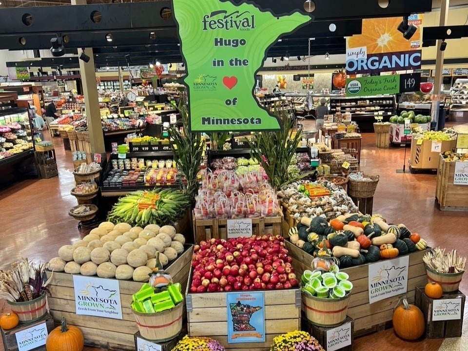 A grocery store produce display at Festival Foods Hugo.