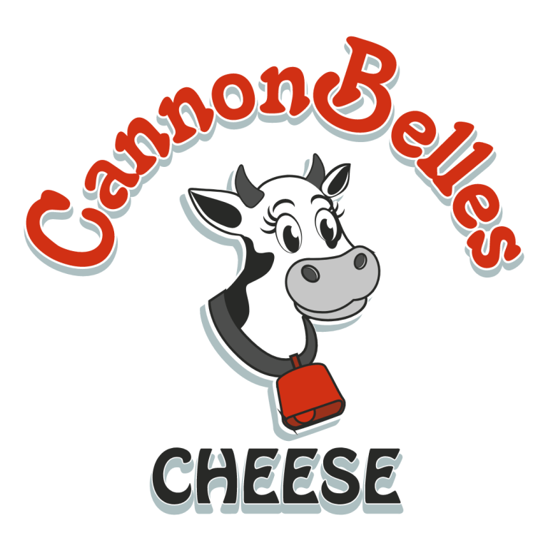 Cannon Belles Cheese logo features the words "Cannon Belles" above a cartoon cow with a red bell and the word "cheese" below it.