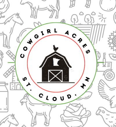 Logo that says "Cowgirl Acres St. Cloud, MN" in a circle. Within the circle there is a barn drawing with an outline of Minnesota on it.