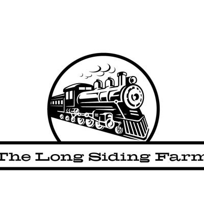 Logo featuring a drawing of a train in a circle with the text "The Long Siding Farm" below it.