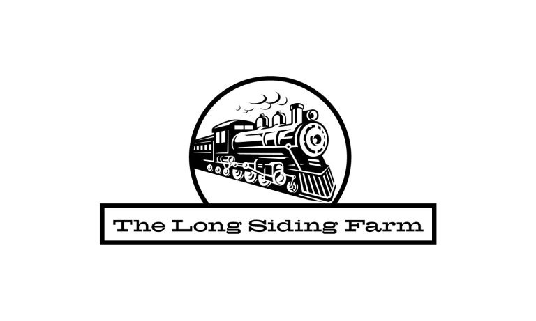 Logo featuring a drawing of a train in a circle with the text "The Long Siding Farm" below it.