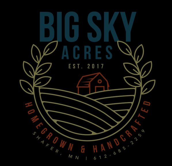 Logo with yellow and blue text that says "Big Sky Acres Est. 2017". The text is above a u-shaped vine with leaves at the ends. Inside the U is a drawing of a barn with a fields. Below the u is the text "Homegrown & Handcrafted Shafer, MN 612-685-2259" in red.