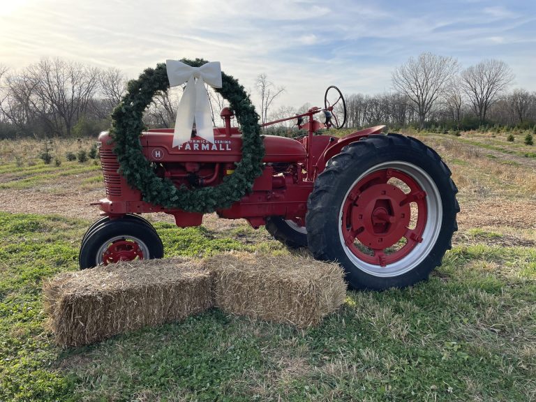 A picture of a tractor surrounded by straw hay bales and a wreath drapped over it.