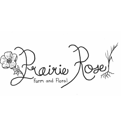 Prairie Rose Farm and Floral logo featuring cursive-like font and adorned with black and white linework flowers.