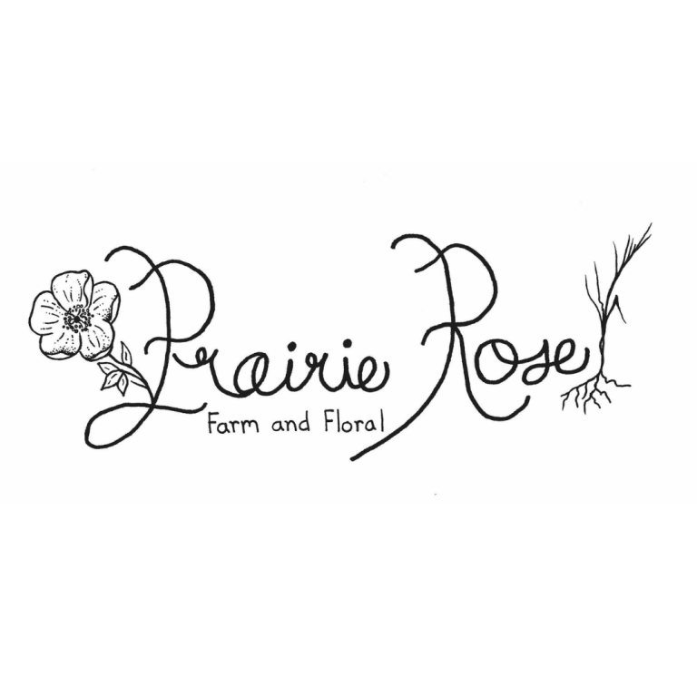Prairie Rose Farm and Floral logo featuring cursive-like font and adorned with black and white linework flowers.