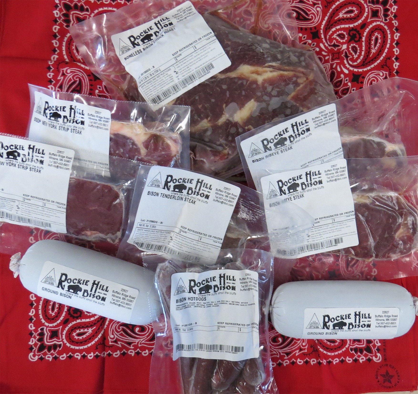 An assortment of frozen bison meat from Rockie Hill Bison.