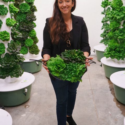 Woman smiling while holding a basket of fresh greens. In the background there are white pillars with fresh greens on them