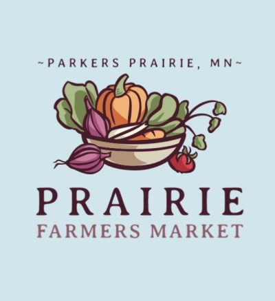 Logo that says "Parkers Prairie, MN Prairie Farmers Market" in text around a drawing of a basket with produce. The background of the logo is a light blue.