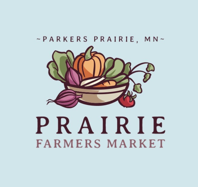 Logo that says "Parkers Prairie, MN Prairie Farmers Market" in text around a drawing of a basket with produce. The background of the logo is a light blue.