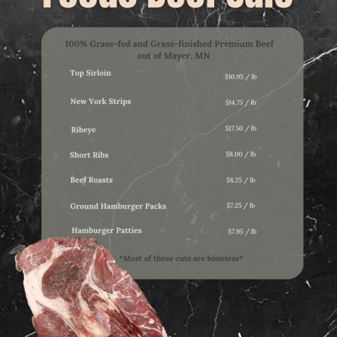 Flyer of Prosperity Farms and Foods Beef Sale that says "100% Grass-fed and Grass-finished Premium Beef out of Mayer, MN. Top Sirloin $10.95/lb. New York Stiprs $14.75/lb. Ribeye $17.50/lb. Short Rips $8.00/lb. Beef Roasts $8.25/lb. Ground Hamburger Packs $7.25/lb. Hamburger Patties $7.95/lb. Most of these cuts are boneless."