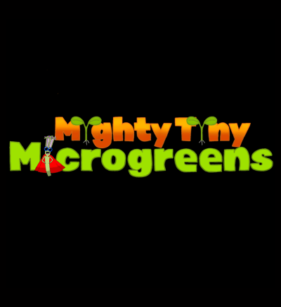 Mighty Tiny Microgreens logo with their brand name in orange and green font. The "i" letters are replaced with a microgreen and a microgreen figure wearing a red cape.