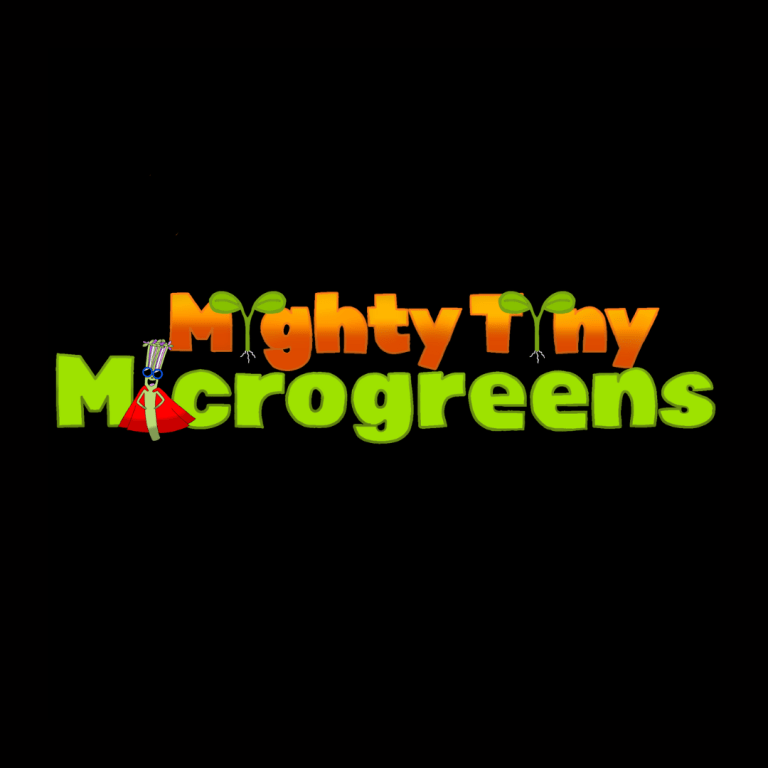 Mighty Tiny Microgreens logo with their brand name in orange and green font. The "i" letters are replaced with a microgreen and a microgreen figure wearing a red cape.