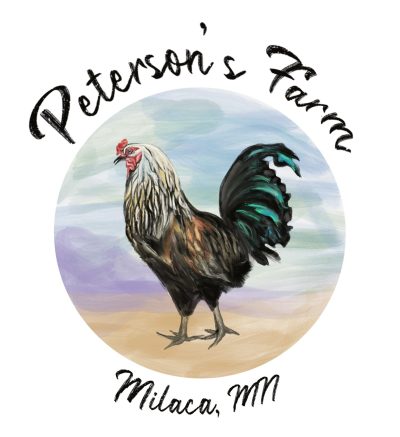 Logo with the words "Peterson's Farm Milaca, MN" written around a circle with a painting of a chicken inside it.