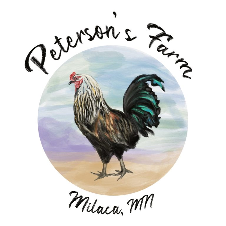 Logo with the words "Peterson's Farm Milaca, MN" written around a circle with a painting of a chicken inside it.
