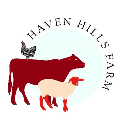Haven Hills Farm logo featuring a cartoon cattle, sheep, and chicken with the words "Haven Hills Farm" on the right side in a semi-circle. The chicken is on the back of the cow.