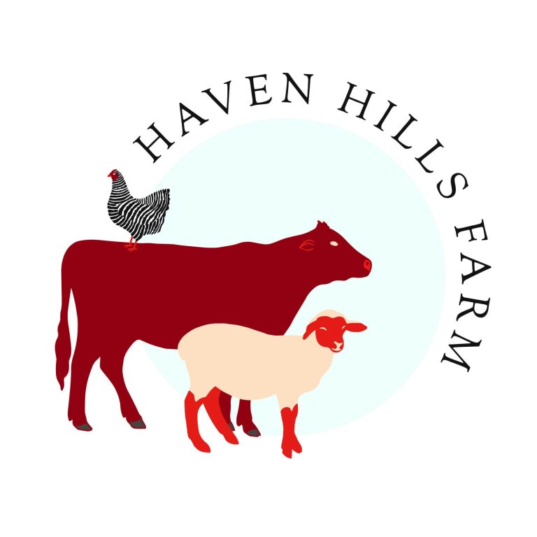Haven Hills Farm logo featuring a cartoon cattle, sheep, and chicken with the words "Haven Hills Farm" on the right side in a semi-circle. The chicken is on the back of the cow.