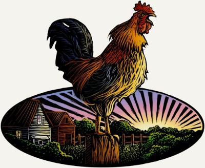 Art picture of a rooster standing on a tree stump with a city and forests behind it.