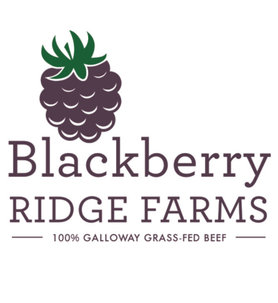 Logo with a blackberry drawing on it. Text below the blackberry says "Blackberry Ridge Farms 100% Galloway Grass-Fed Beef" in purple font