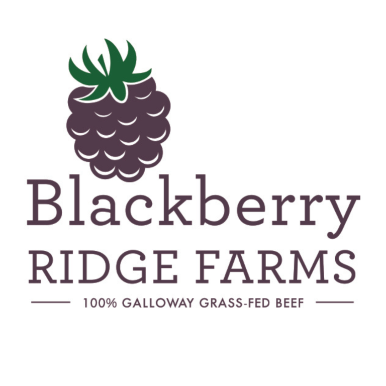 Logo with a blackberry drawing on it. Text below the blackberry says "Blackberry Ridge Farms 100% Galloway Grass-Fed Beef" in purple font