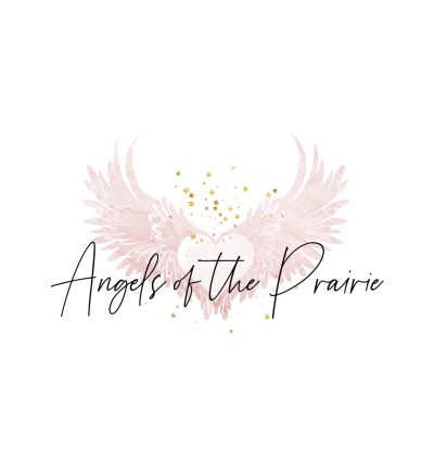 The "Angels of the Prairie" logo features light pink feathered angel wings and gold stars. At the center of the wings is a heart. In front of the wings is the words "Angels of the Prairie" in cursive font.