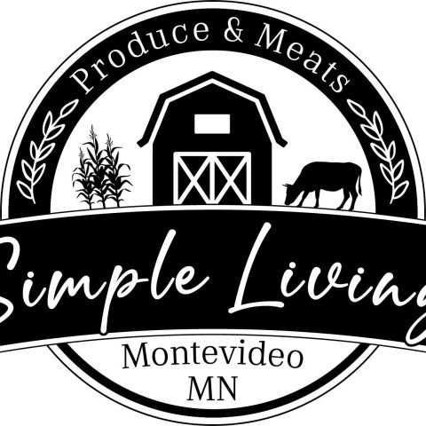 The Simple Living logo says "Produce & Meast Simple Living Montevideo MN". It features the text in a circle with a graphic of a barn, stalks of corn, and a cow.